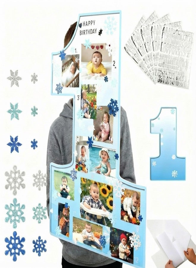 Threehoney My First Year Photo Frame Board Winter Onederland 1st Birthday Decor Snowflake Picture Frame 12 Monthly Photo Display DIY One Year Newborn Keepsake Gifts Snowflake Nursery Birthday Decor - Image 1